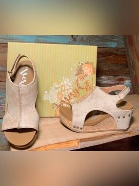 Very G Nude Suede Open-Toe Cork Wedge Sandals